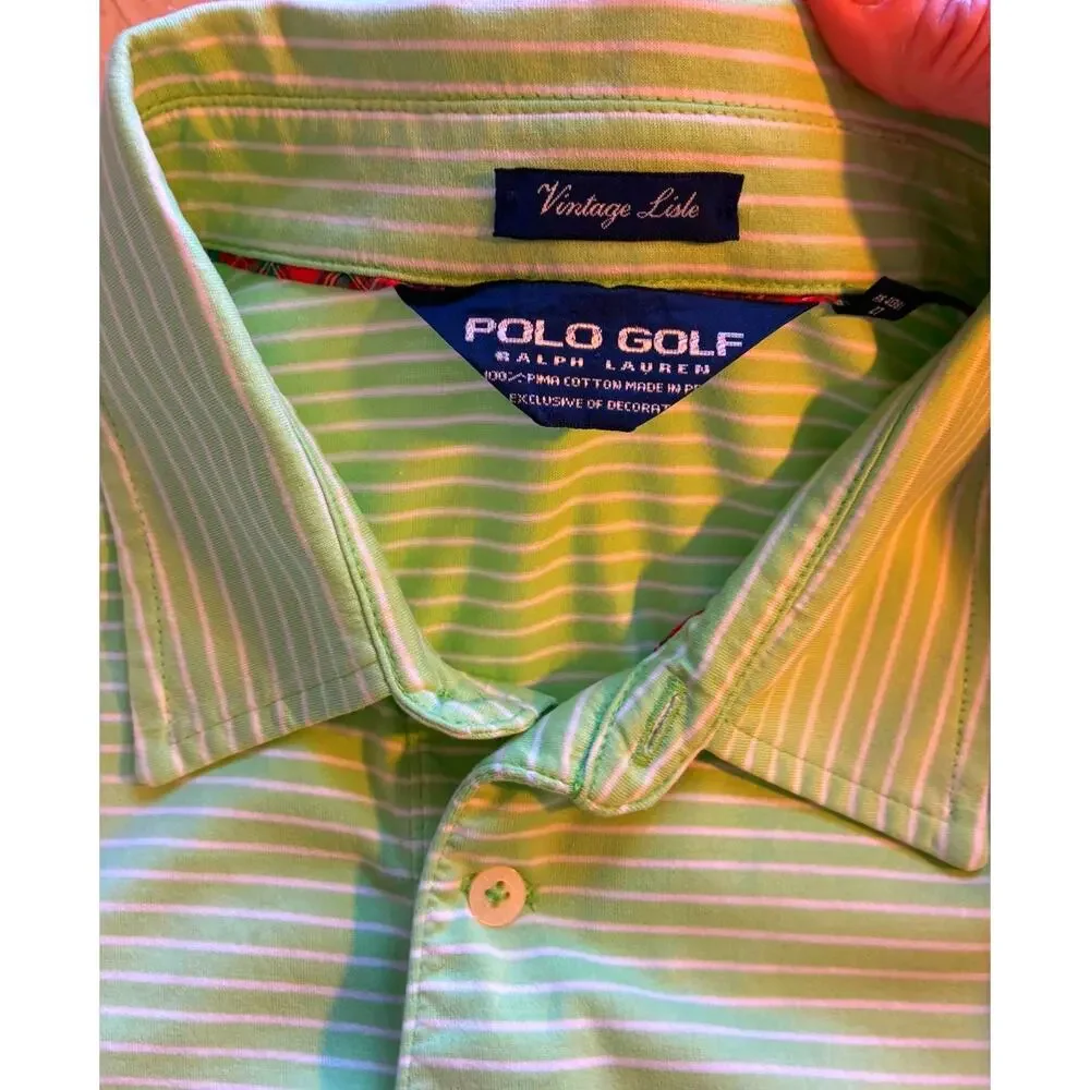 POLO Golf Ralph Lauren Mens XL Pistachio Green Striped Vintage Lisle Pima Cotton